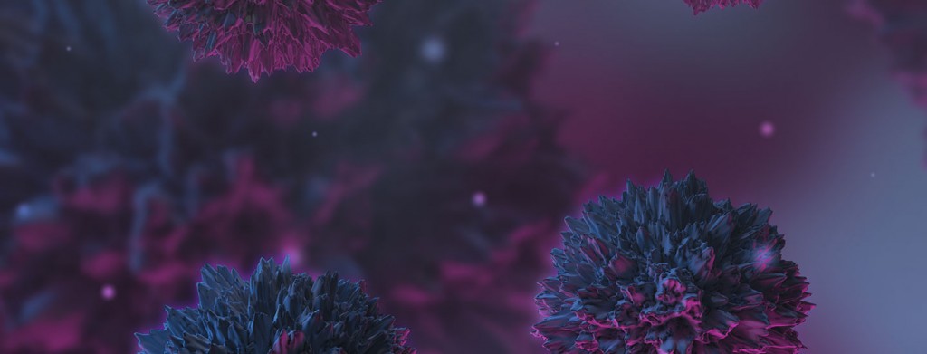 Abstract image showing close-up, spiky, spherical structures in shades of blue and purple, resembling microscopic viruses or cells—evoking themes of ethically non-contentious stem cell research—against a blurred, dark purple background.