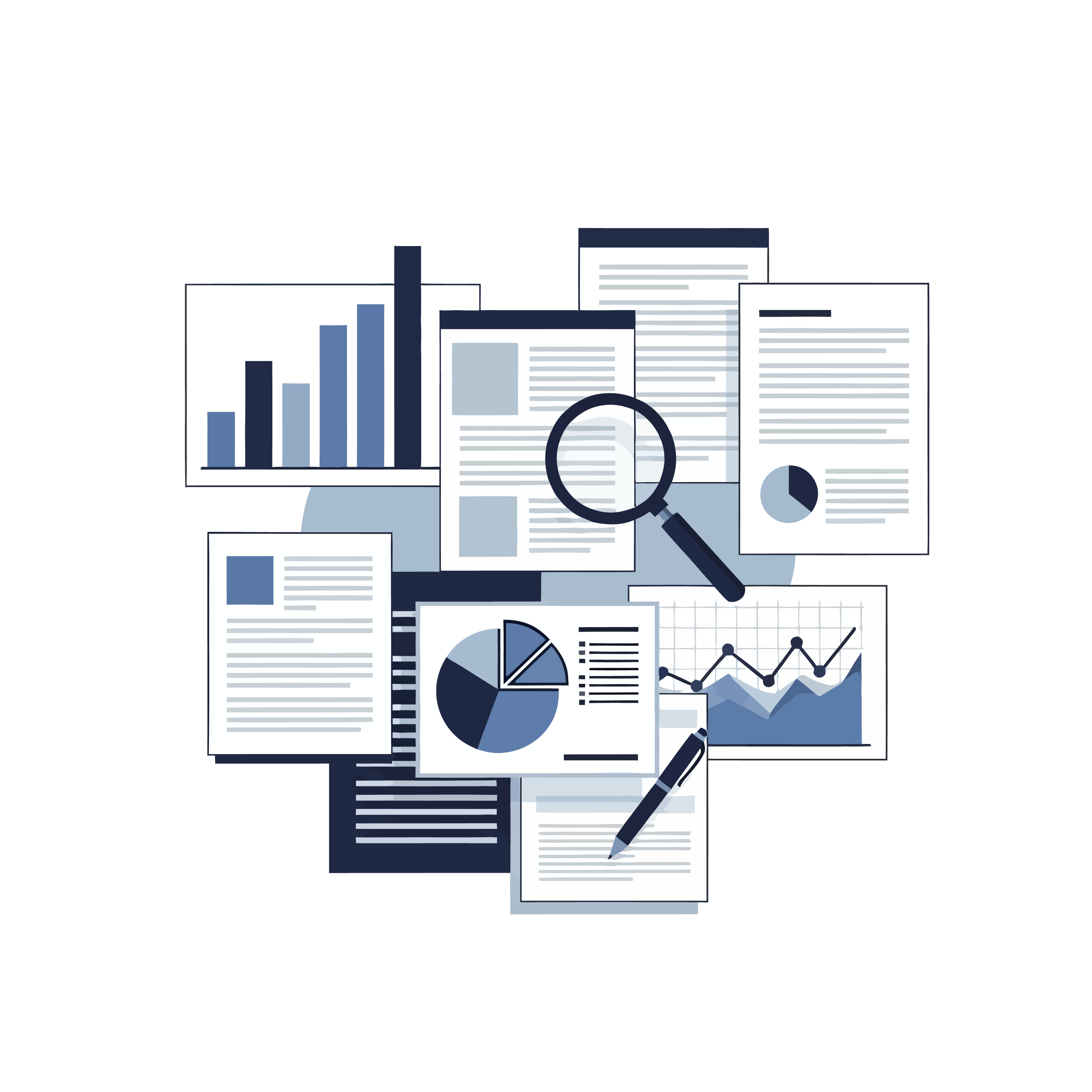A collection of papers with charts, graphs, and documents—including bar graphs and pie charts—highlights data analysis on women and abortion. A magnifying glass and pen symbolize research into related economic outcomes.