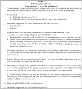 A patient agreement form for taking mifepristone, outlining instructions, risks, and emergency steps in accordance with abortion law in America, confirming the patient’s understanding and consent with checkboxes and a signature space.