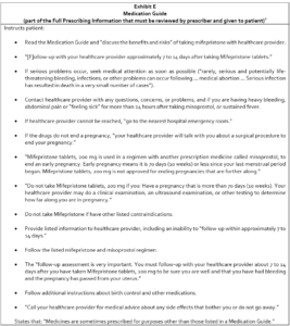 A document titled Exhibit E Medication Guide with instructions for Mifepristone use, highlighting risks, symptoms to watch for, seeking medical help, and guidance amid evolving abortion law in America. Not for use with an IUD or without confirmed pregnancy.