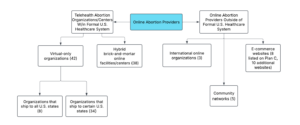 A flowchart showing types of online abortion drug access in post-Dobbs America: U.S. telehealth centers (virtual-only and hybrid) and non-U.S. providers (international sites, e-commerce, community networks), with shipment coverage details.