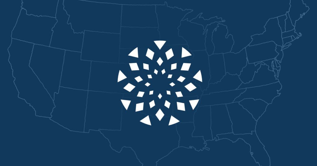 A stylized white geometric design resembling a circular burst is centered over a dark blue map outline of the United States, highlighting the complexities of U.S. law and FDA safety limits around online abortion drug sellers.