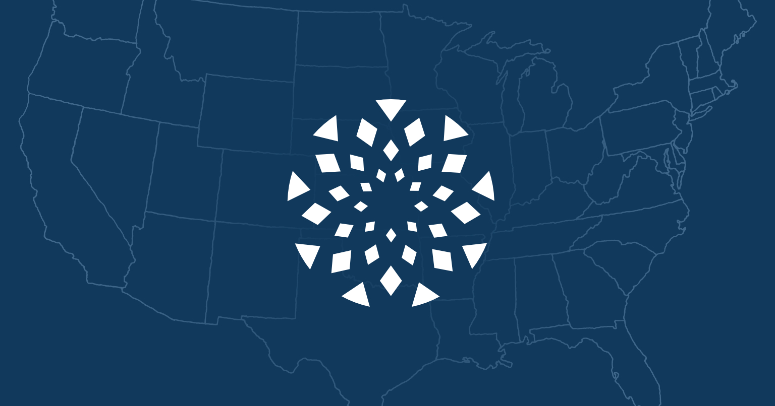 A stylized white geometric design resembling a circular burst is centered over a dark blue map outline of the United States, highlighting the complexities of U.S. law and FDA safety limits around online abortion drug sellers.
