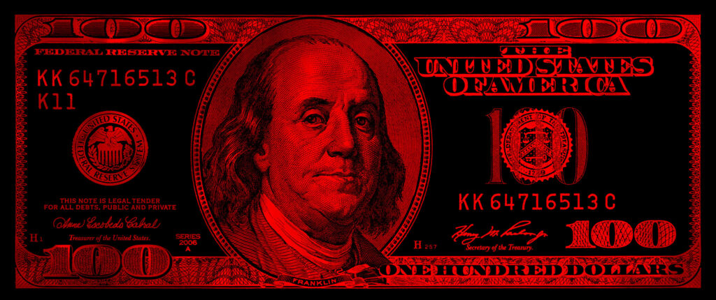A $100 U.S. bill, featuring Benjamin Franklin's portrait, is shown in red and black tones, with all text and details visible—including denomination and serial numbers—hinting at issues like State Funding or Federal Defunding of programs such as Planned Parenthood.
