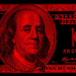 A $100 U.S. bill, featuring Benjamin Franklin's portrait, is shown in red and black tones, with all text and details visible—including denomination and serial numbers—hinting at issues like State Funding or Federal Defunding of programs such as Planned Parenthood.
