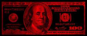 A $100 U.S. bill, featuring Benjamin Franklin's portrait, is shown in red and black tones, with all text and details visible—including denomination and serial numbers—hinting at issues like State Funding or Federal Defunding of programs such as Planned Parenthood.