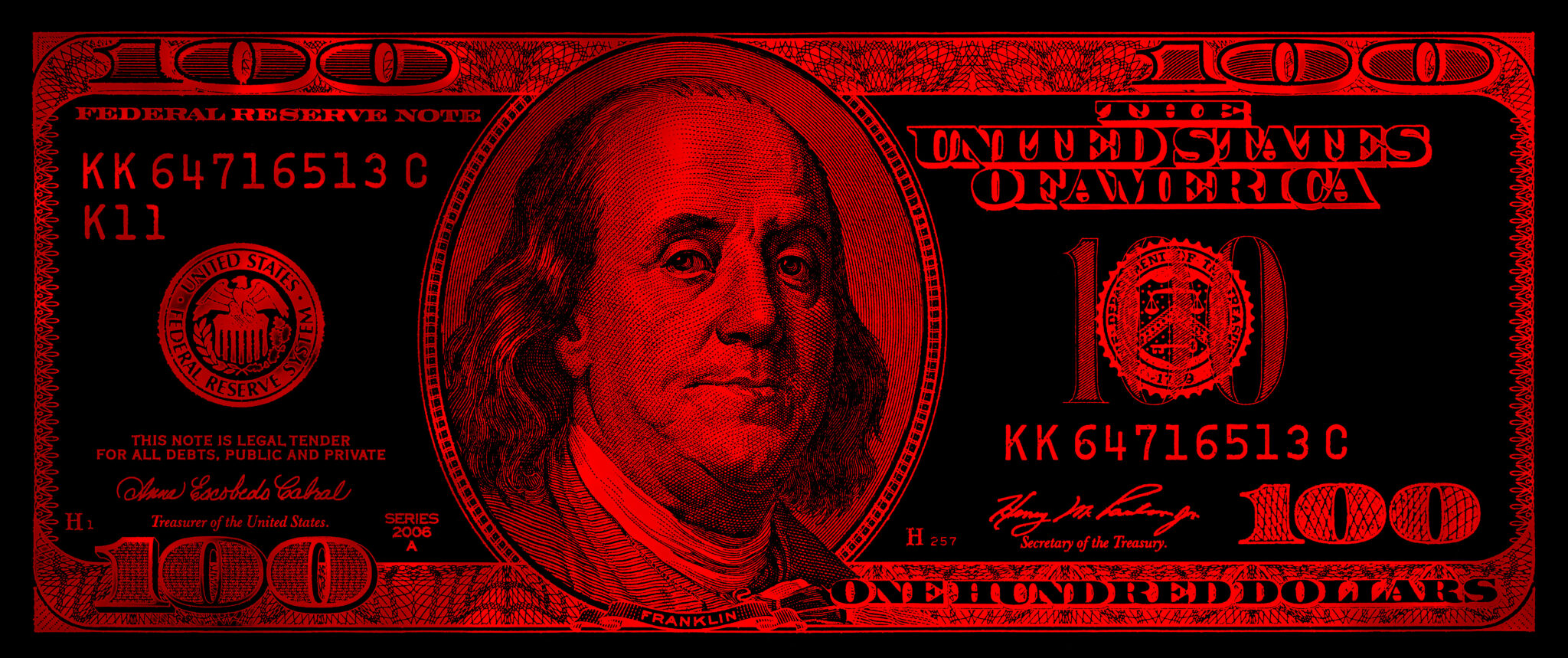 A $100 U.S. bill, featuring Benjamin Franklin's portrait, is shown in red and black tones, with all text and details visible—including denomination and serial numbers—hinting at issues like State Funding or Federal Defunding of programs such as Planned Parenthood.