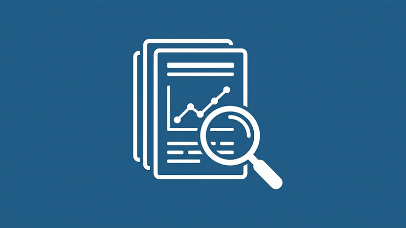 White icon on blue background showing stacked papers with a line graph and a magnifying glass hovering over them, representing data analysis or report review—ideal for presenting abortion facts or summarizing important abortion information.