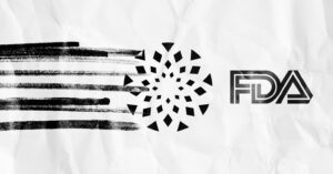 Graphic featuring a series of black horizontal brushstrokes leading into a circular geometric pattern, followed by the letters FDA in a stylized font, set against a white crinkled paper background for a peer-reviewed article on the abortion drug.