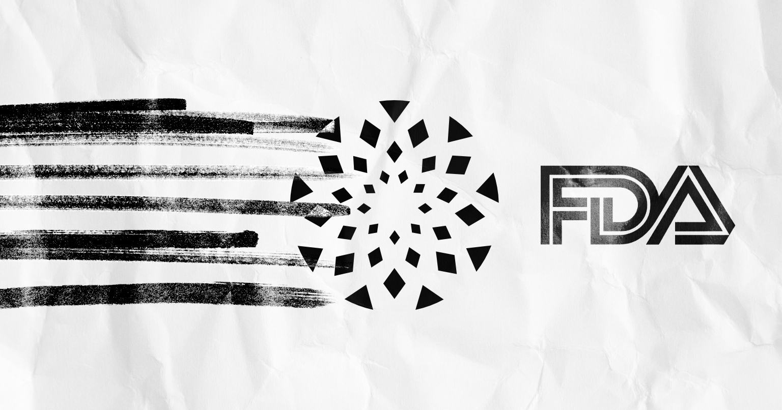 Graphic featuring a series of black horizontal brushstrokes leading into a circular geometric pattern, followed by the letters FDA in a stylized font, set against a white crinkled paper background for a peer-reviewed article on the abortion drug.